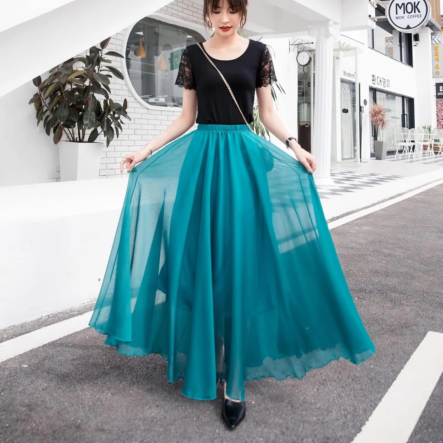 Boho Skirts for Women Summer Lightweight Sheer High Elastic Waist Pleated Loose Mesh Long Skirts for Going Out Outfits