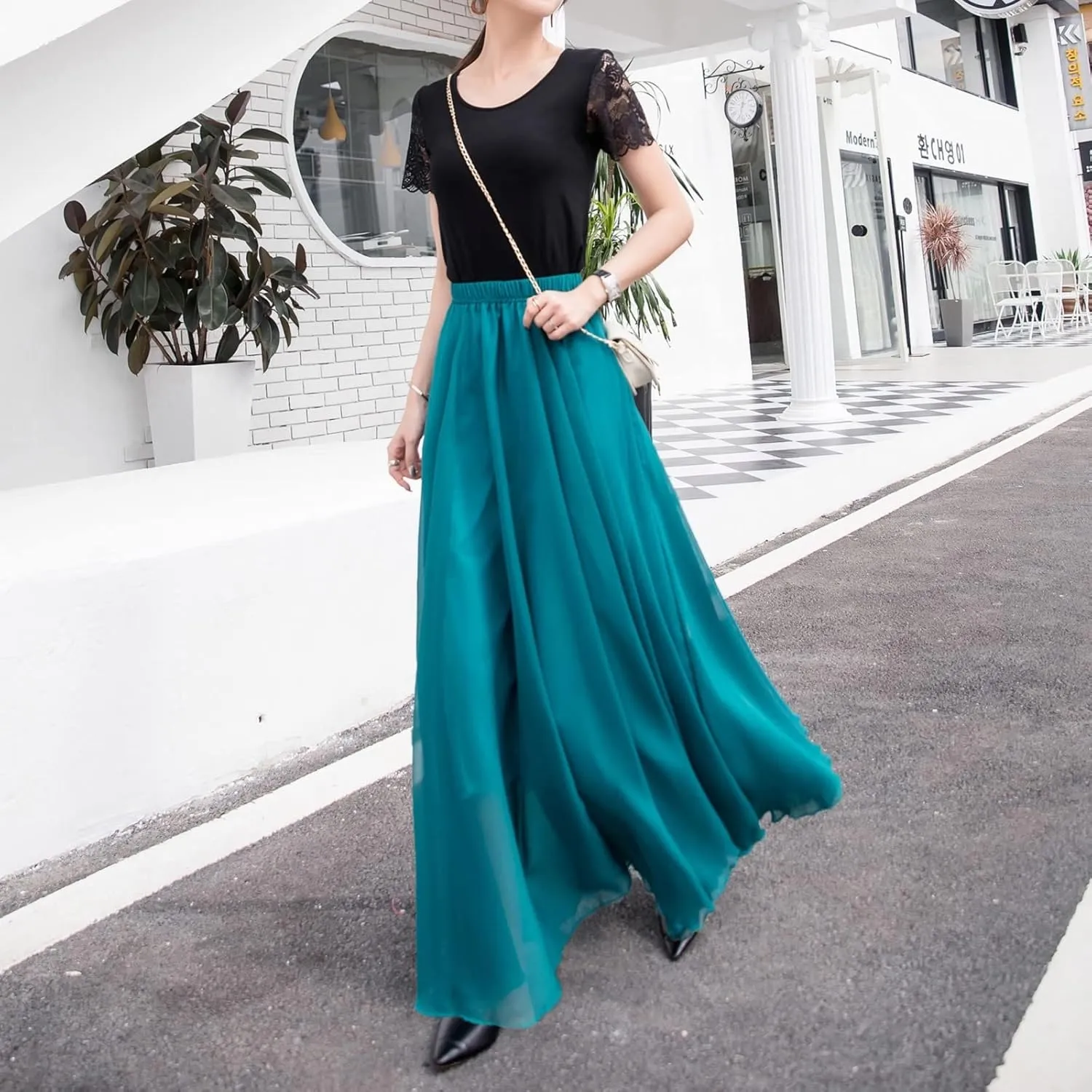 Boho Skirts for Women Summer Lightweight Sheer High Elastic Waist Pleated Loose Mesh Long Skirts for Going Out Outfits