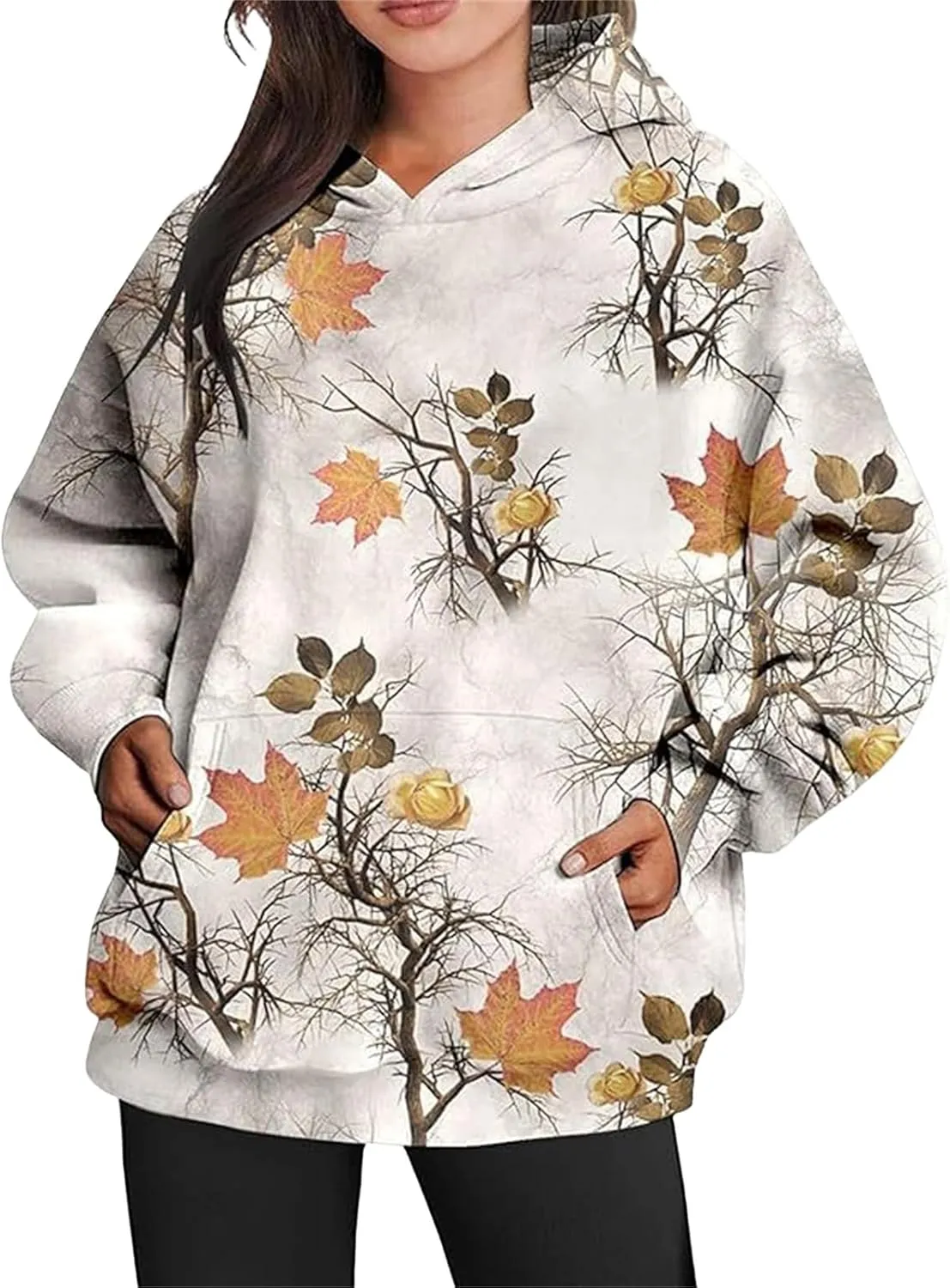 Camo Hoodie Womens Trendy Maple Leaf Print Oversized Pullover Hooded Sweatshirts with Kangaroo Pocket Tops