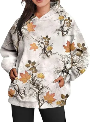 Camo Hoodie Womens Trendy Maple Leaf Print Oversized Pullover Hooded Sweatshirts with Kangaroo Pocket Tops