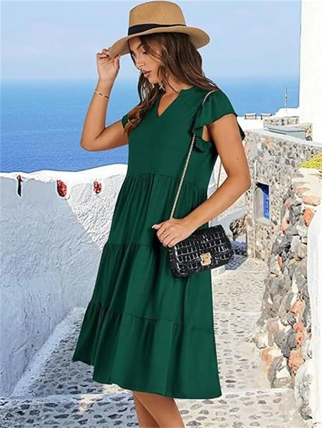 Casual Summer Dress for Women Ruffle Tiered Pleated A Line Flowy Mini Dress A-Line Short Vacation Dress