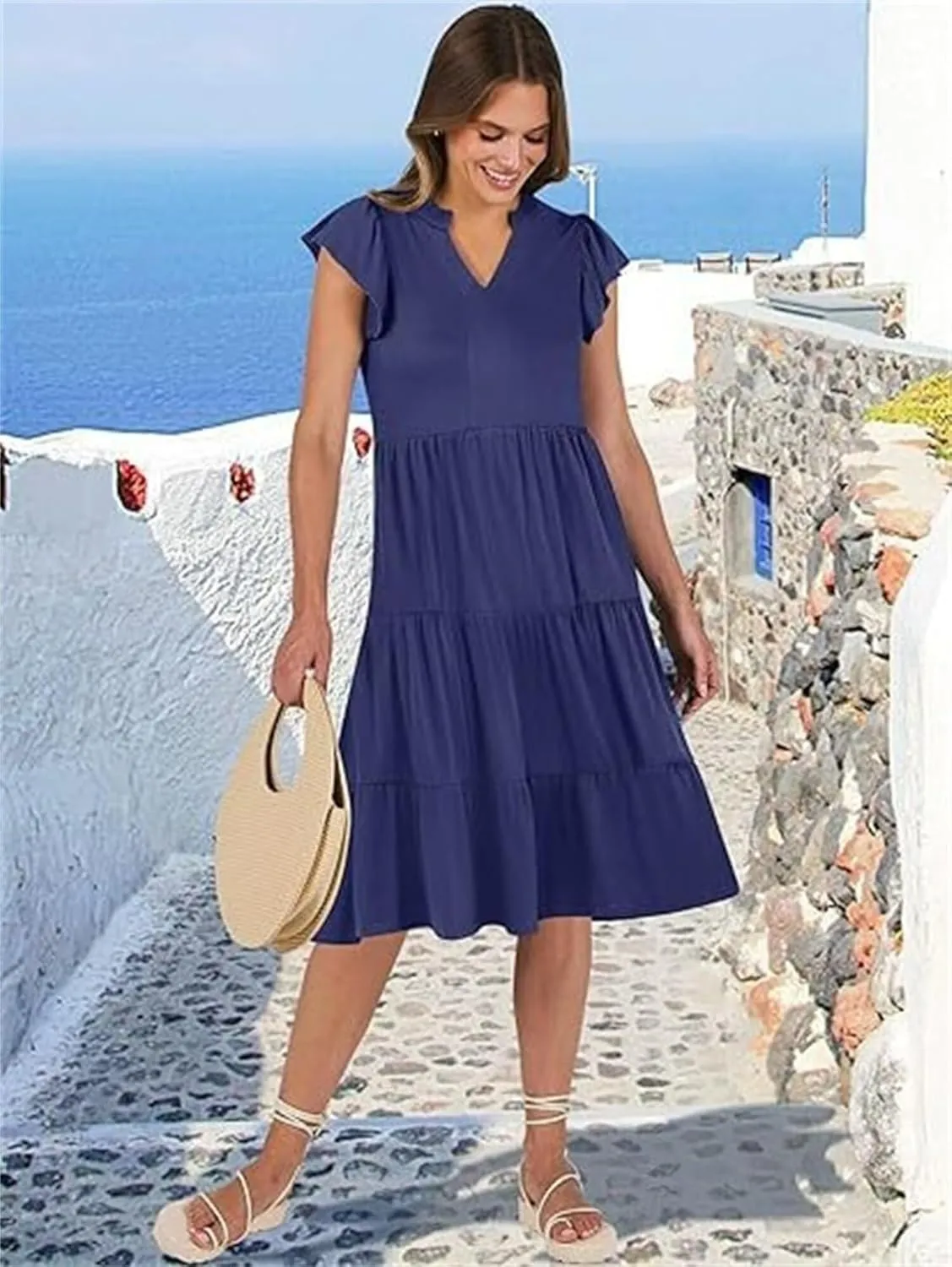Casual Summer Dress for Women Ruffle Tiered Pleated A Line Flowy Mini Dress A-Line Short Vacation Dress