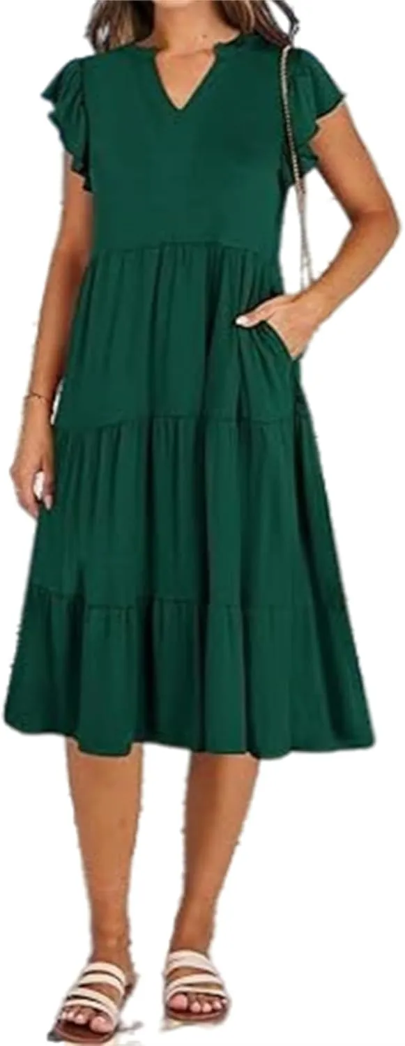 Casual Summer Dress for Women Ruffle Tiered Pleated A Line Flowy Mini Dress A-Line Short Vacation Dress