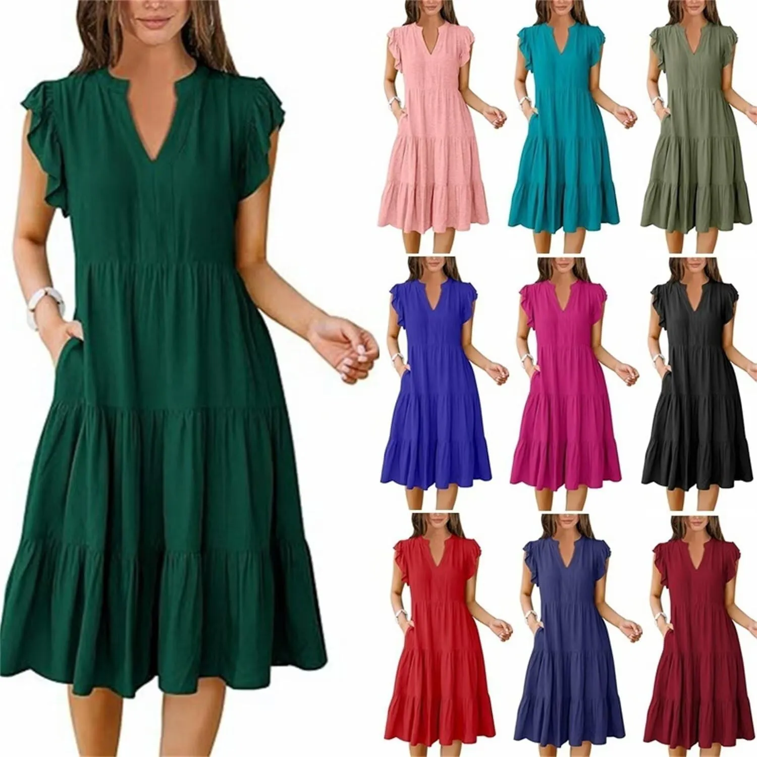 Casual Summer Dress for Women Ruffle Tiered Pleated A Line Flowy Mini Dress A-Line Short Vacation Dress