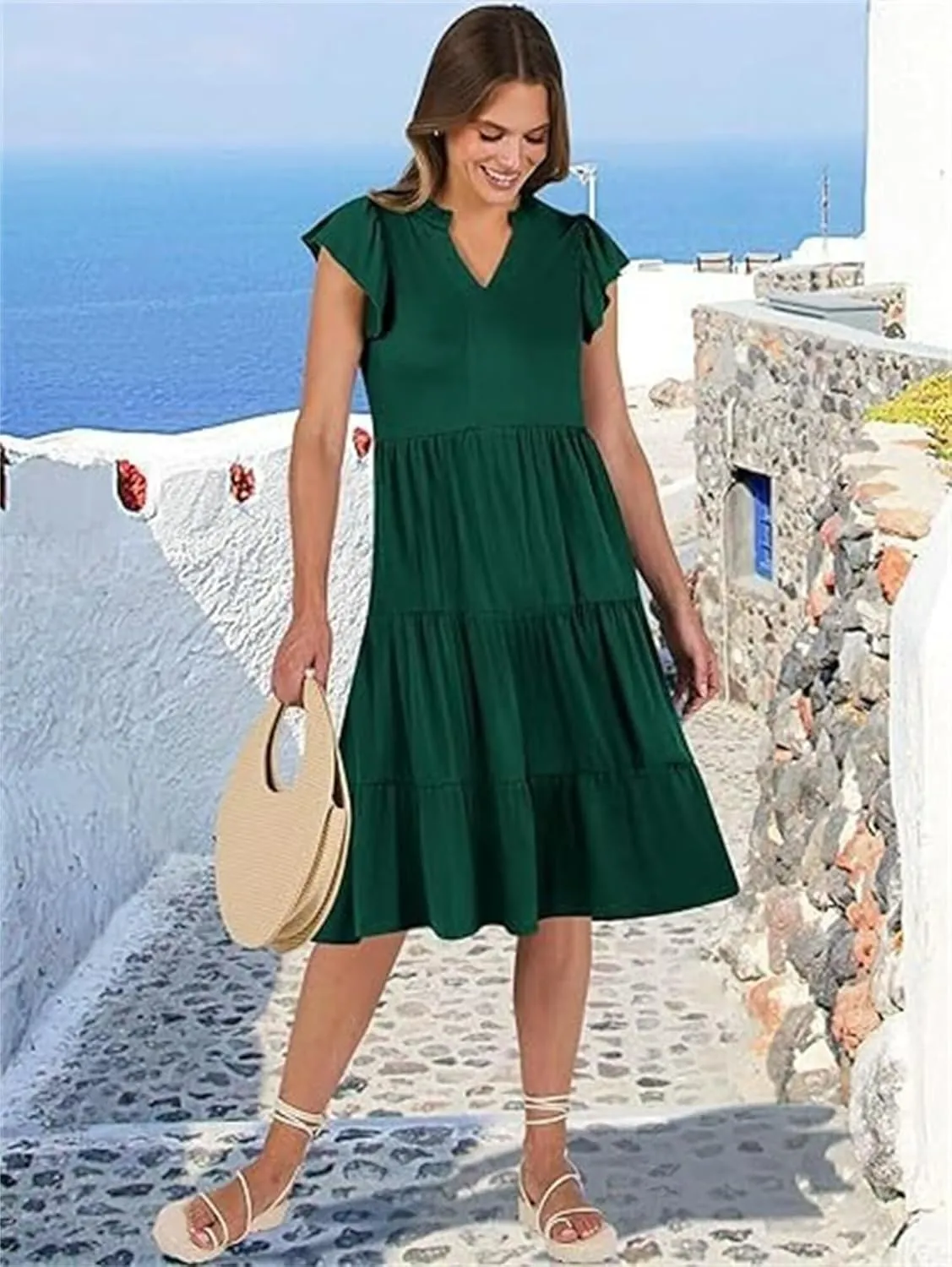 Casual Summer Dress for Women Ruffle Tiered Pleated A Line Flowy Mini Dress A-Line Short Vacation Dress