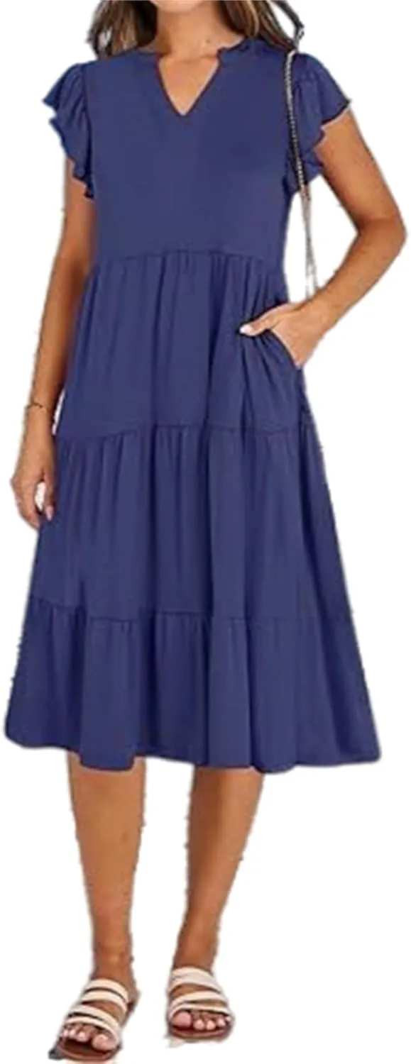 Casual Summer Dress for Women Ruffle Tiered Pleated A Line Flowy Mini Dress A-Line Short Vacation Dress