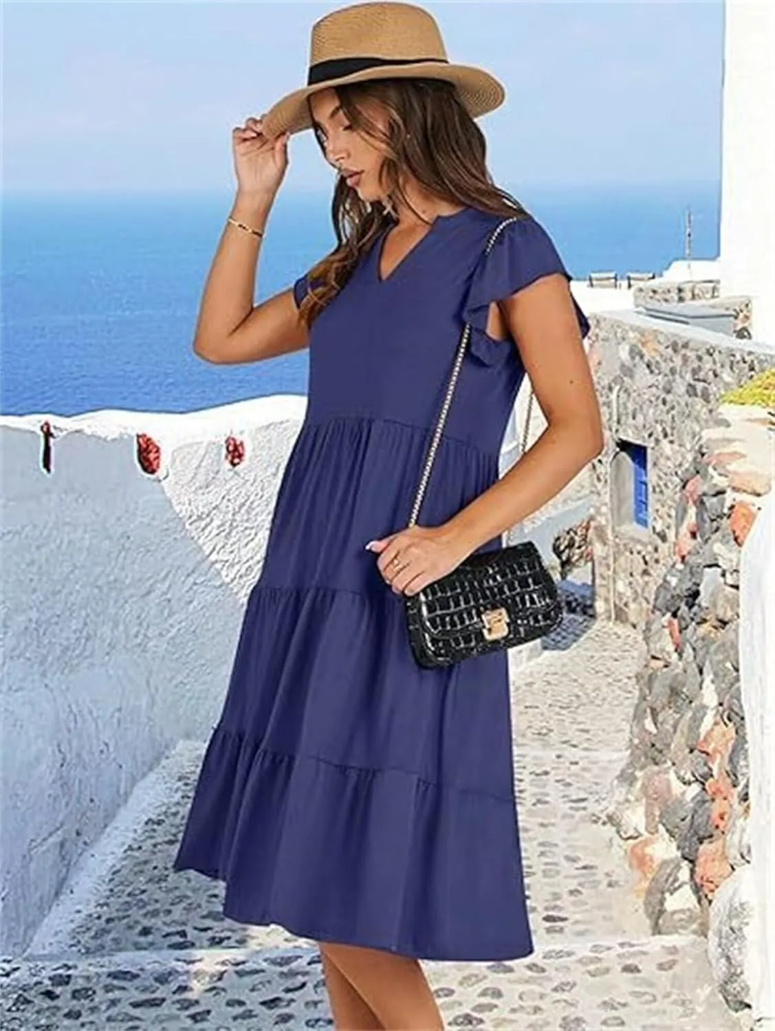 Casual Summer Dress for Women Ruffle Tiered Pleated A Line Flowy Mini Dress A-Line Short Vacation Dress