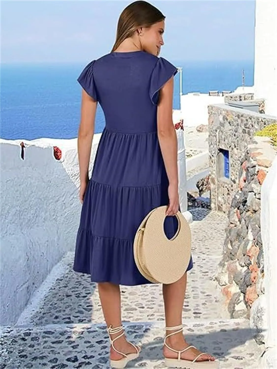 Casual Summer Dress for Women Ruffle Tiered Pleated A Line Flowy Mini Dress A-Line Short Vacation Dress