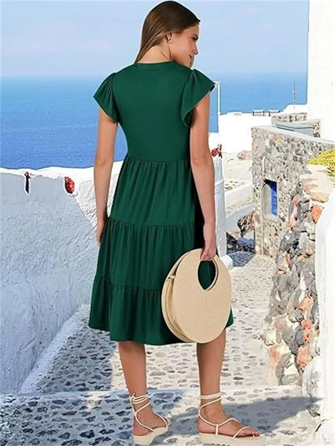 Casual Summer Dress for Women Ruffle Tiered Pleated A Line Flowy Mini Dress A-Line Short Vacation Dress