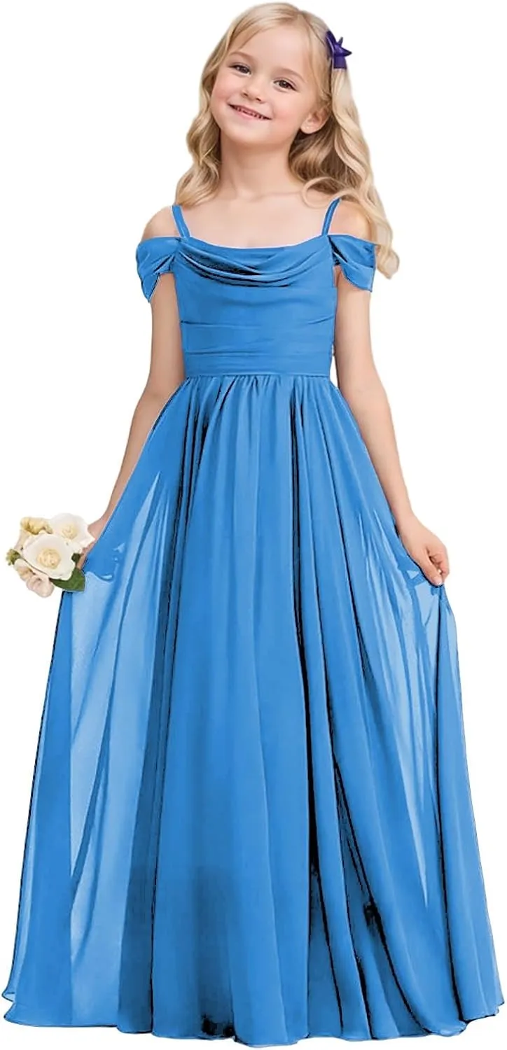 Cold Shoulder Juniors Bridesmaid Dress Long Chiffon Flower Girl Dresses for Wedding A Line Pageant Gown