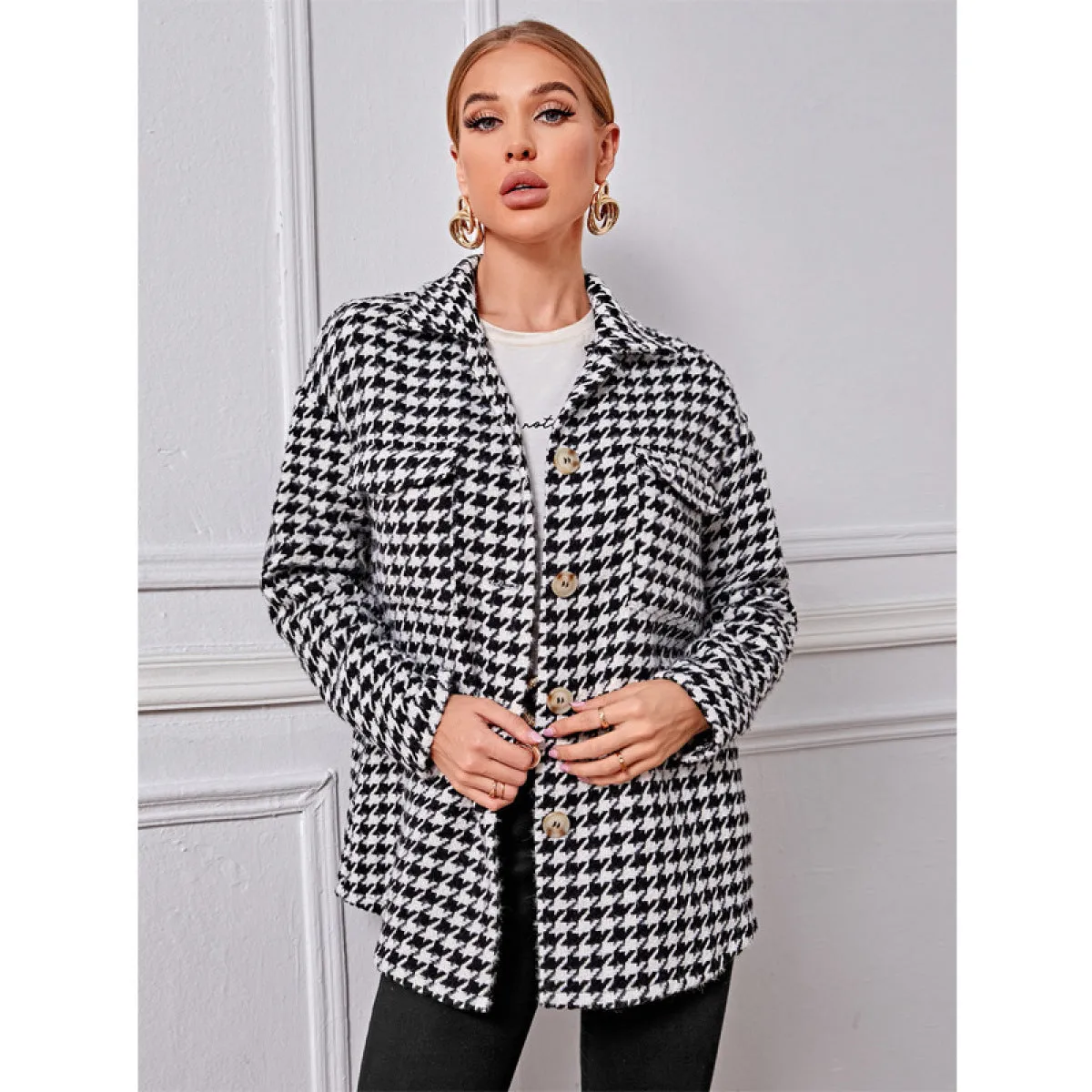 Collared Neck Single-Breasted Houndstooth Coat