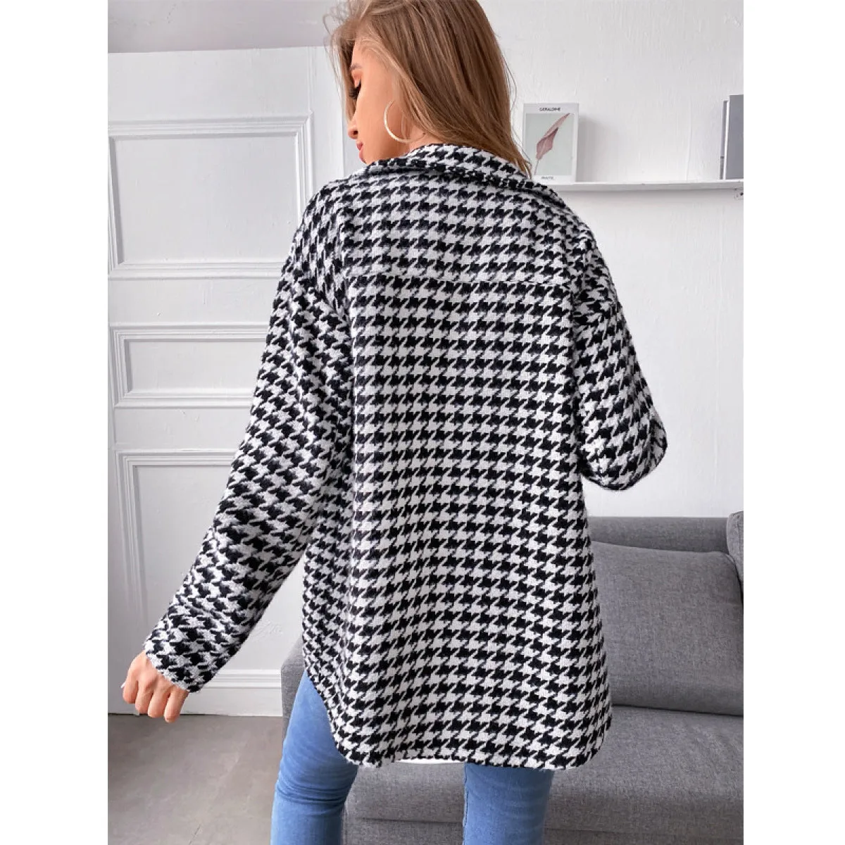 Collared Neck Single-Breasted Houndstooth Coat