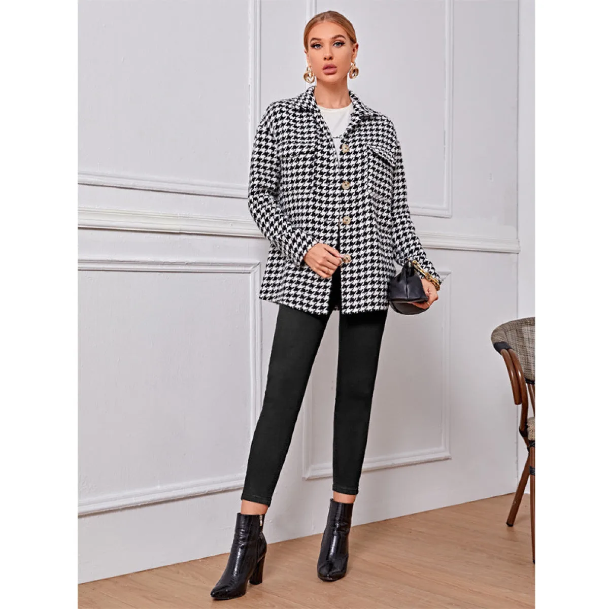 Collared Neck Single-Breasted Houndstooth Coat
