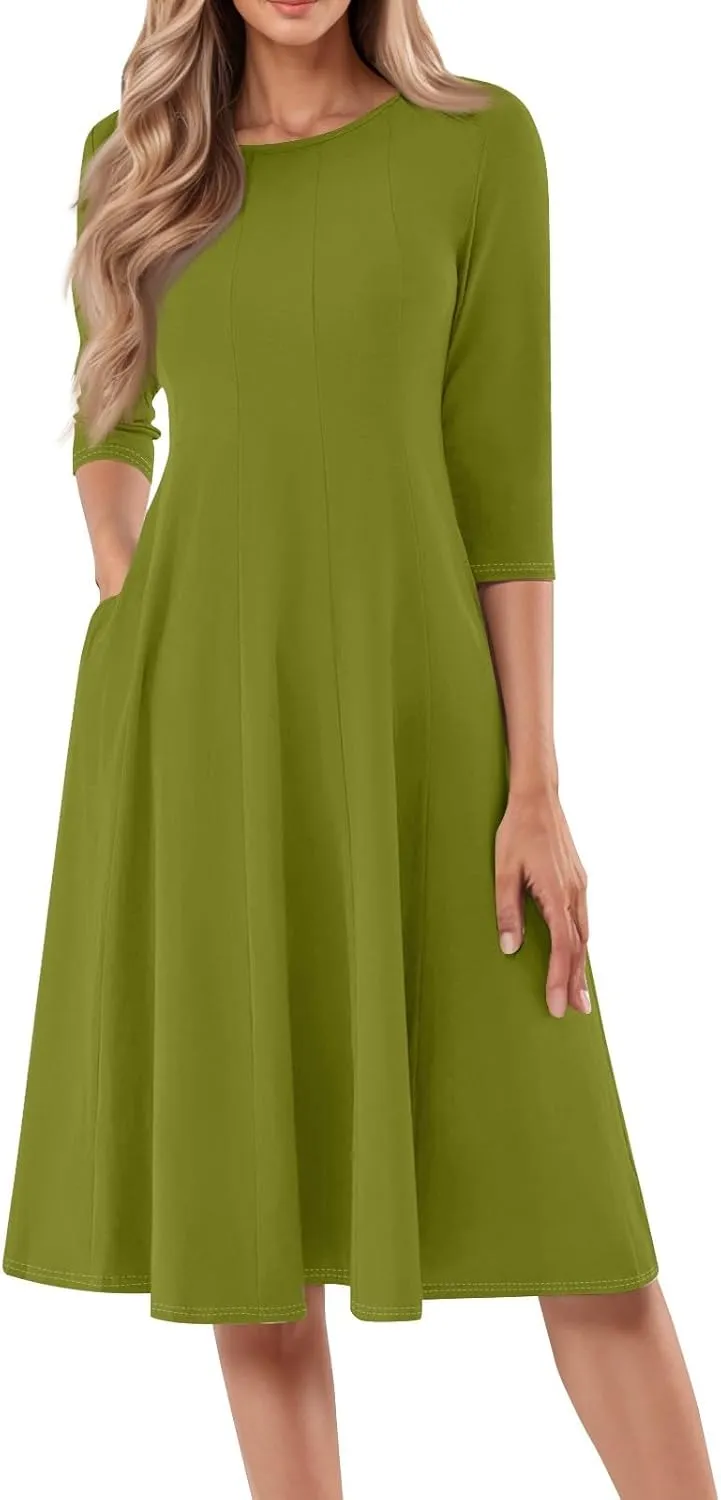 Dresses for Women Casual Summer Crewneck 3/4 Sleeve Midi Dress A Line Dresses with Pockets