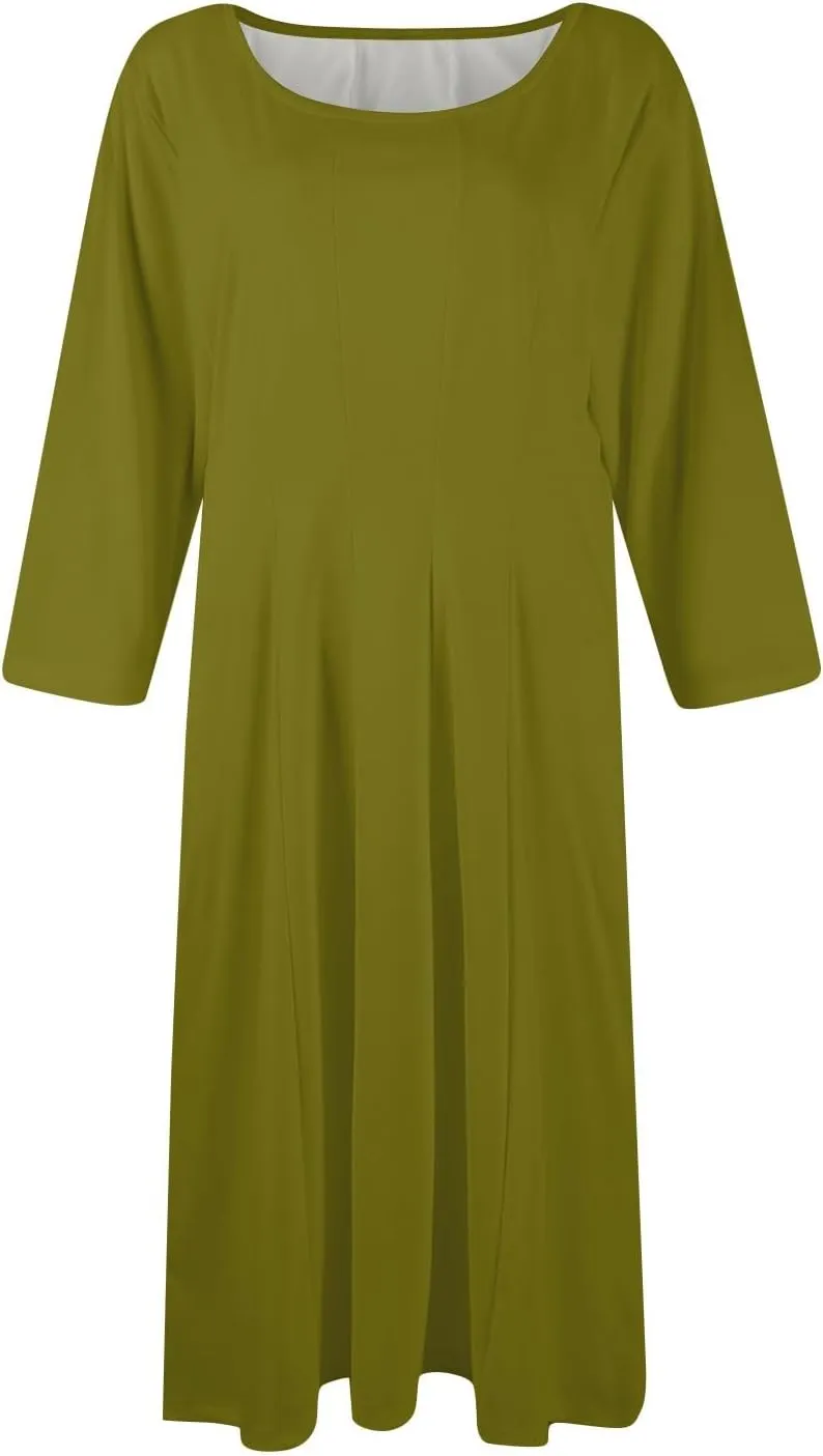 Dresses for Women Casual Summer Crewneck 3/4 Sleeve Midi Dress A Line Dresses with Pockets