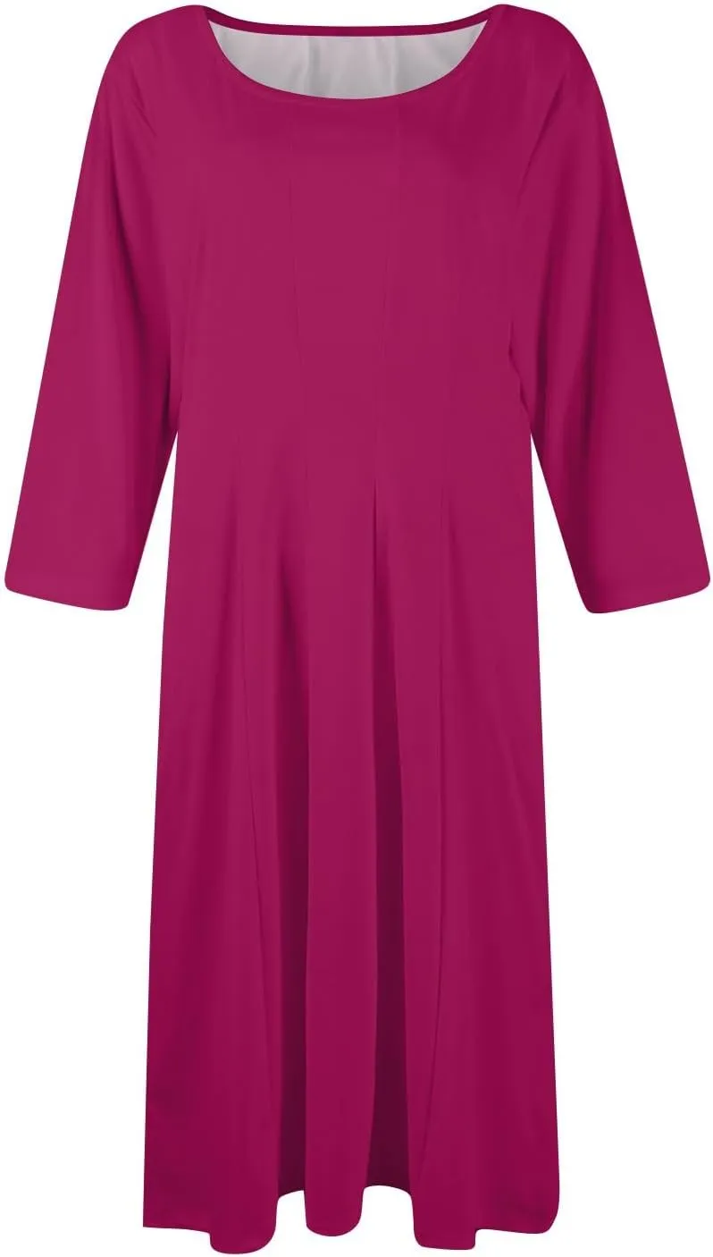 Dresses for Women Casual Summer Crewneck 3/4 Sleeve Midi Dress A Line Dresses with Pockets