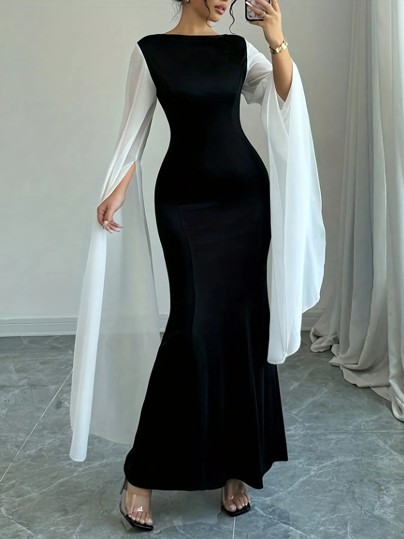 Elegant Black & White Contrast Mesh Long Sleeve Maxi Dress