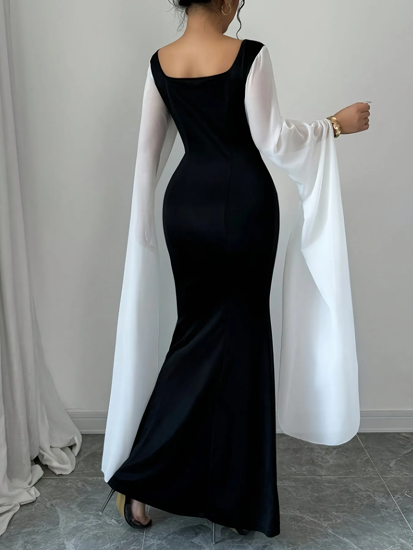 Elegant Black & White Contrast Mesh Long Sleeve Maxi Dress