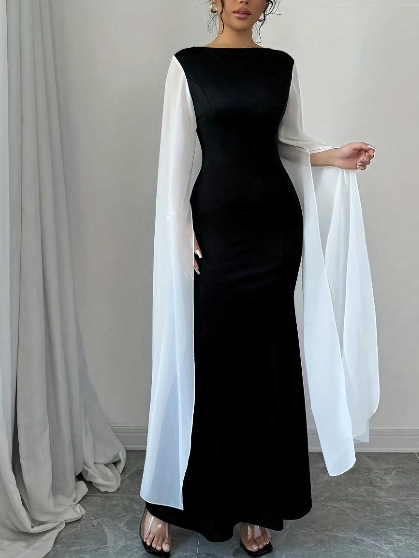 Elegant Black & White Contrast Mesh Long Sleeve Maxi Dress