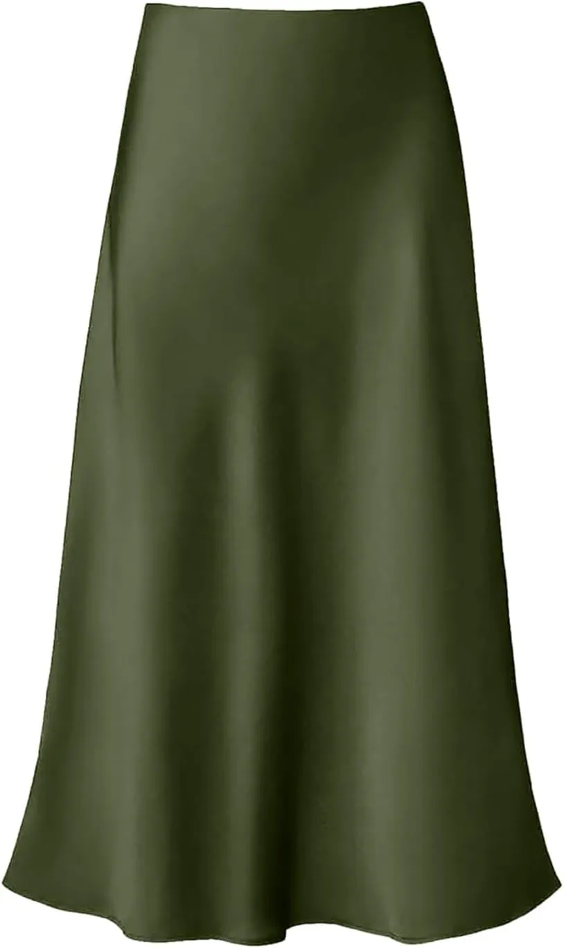Faux Leather Pleated Skirt Womens Elegant High Waist Skirt Solid Satin Dress Elegant Elastic Waist Skirt Stringy