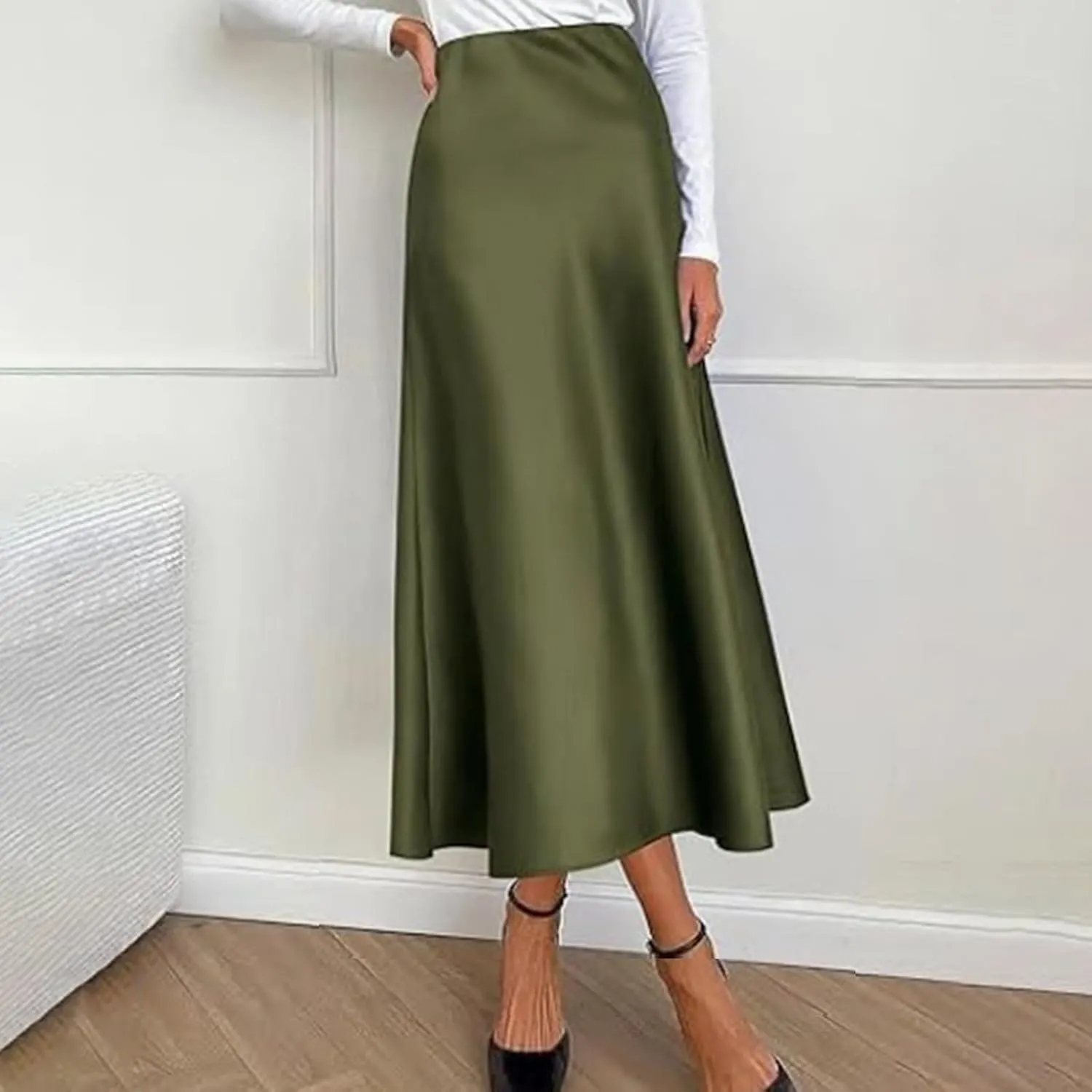 Faux Leather Pleated Skirt Womens Elegant High Waist Skirt Solid Satin Dress Elegant Elastic Waist Skirt Stringy