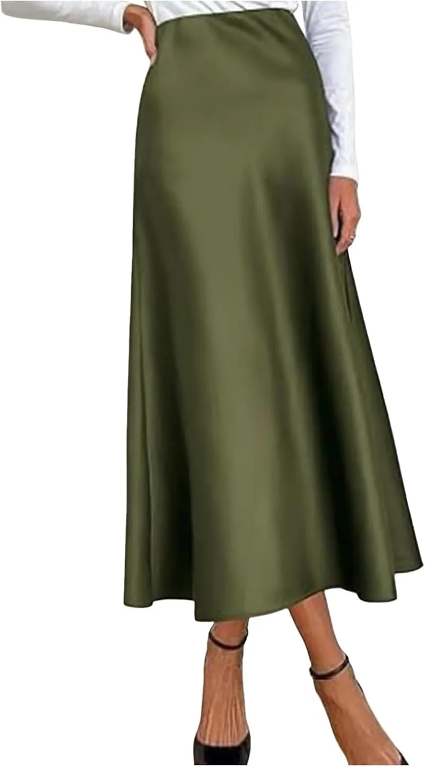 Faux Leather Pleated Skirt Womens Elegant High Waist Skirt Solid Satin Dress Elegant Elastic Waist Skirt Stringy