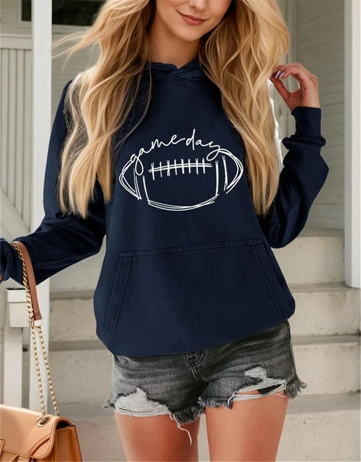 IVERIRMIN Womens Football Game Day Hoodie Vintage Graphic Hooded Sweatshirt Oversized Printed Pullover Tops Long Sleeve Shirt