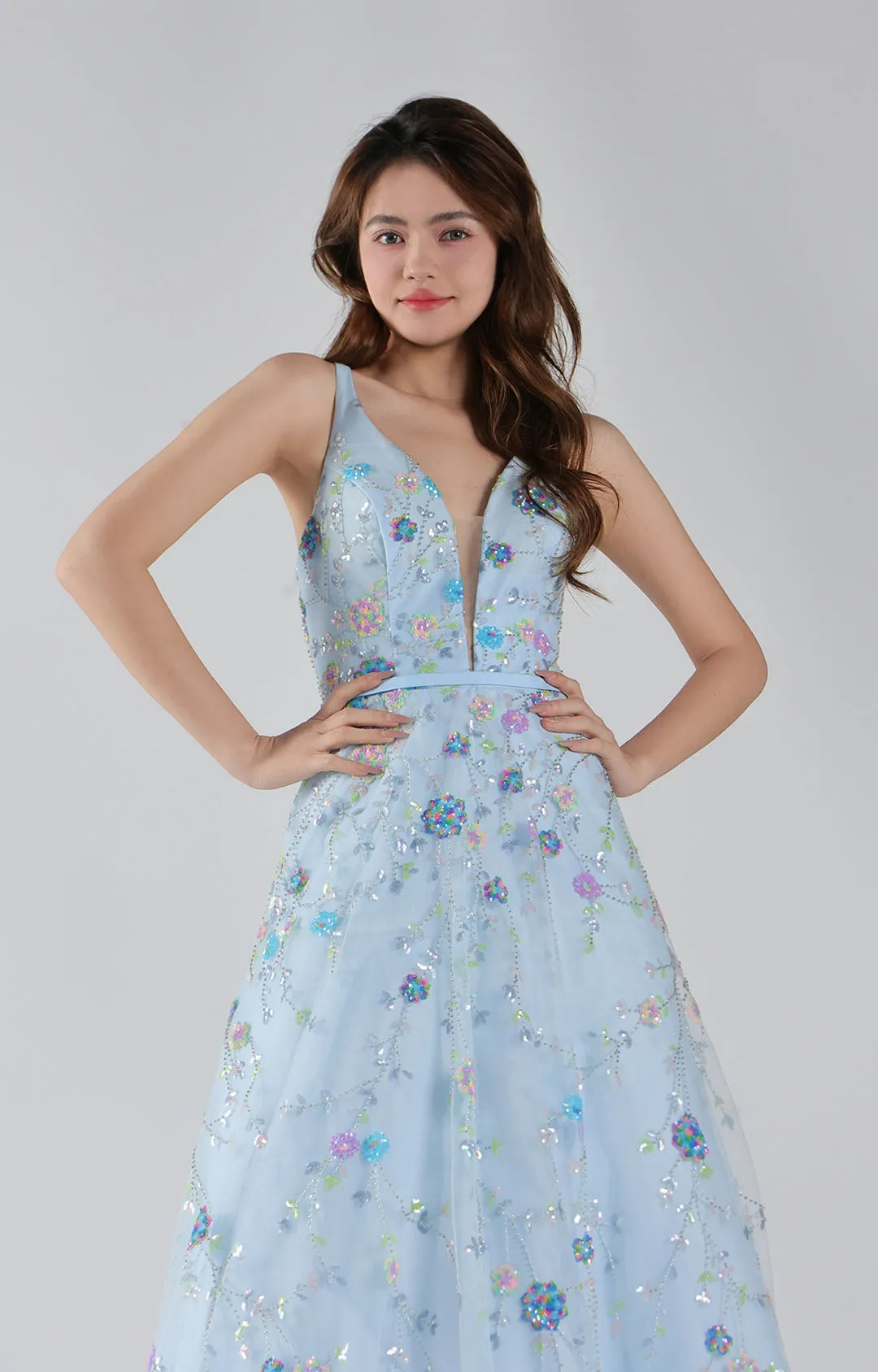 Lace-Up Straps Deep V-Neck Floral Sequin A-Line Dresses