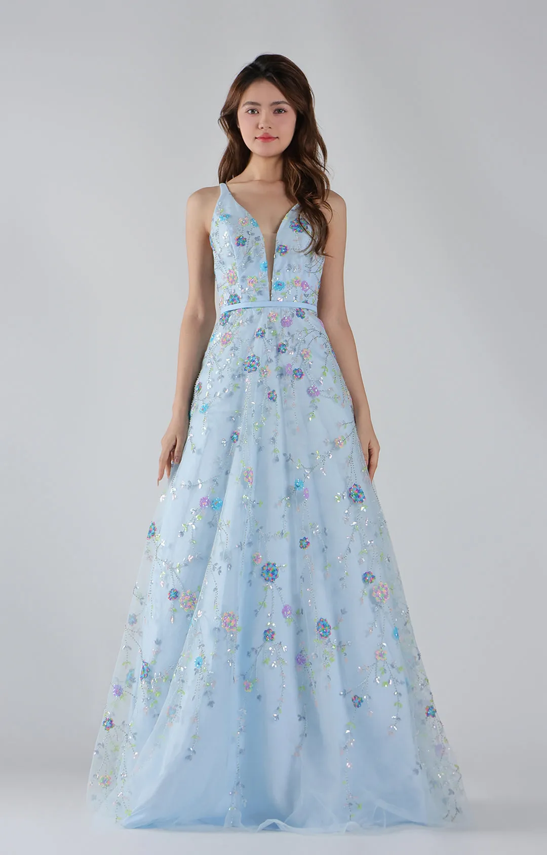 Lace-Up Straps Deep V-Neck Floral Sequin A-Line Dresses