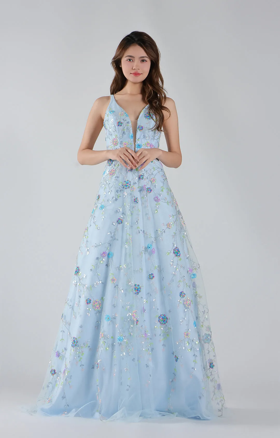 Lace-Up Straps Deep V-Neck Floral Sequin A-Line Dresses