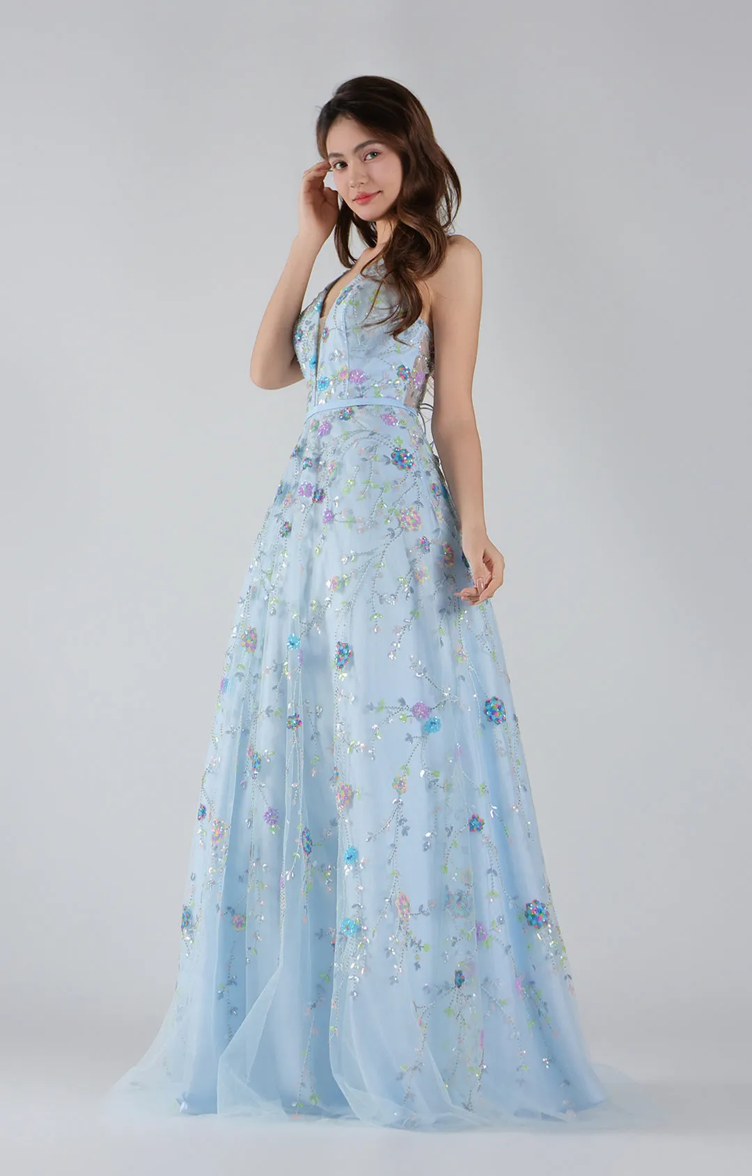 Lace-Up Straps Deep V-Neck Floral Sequin A-Line Dresses