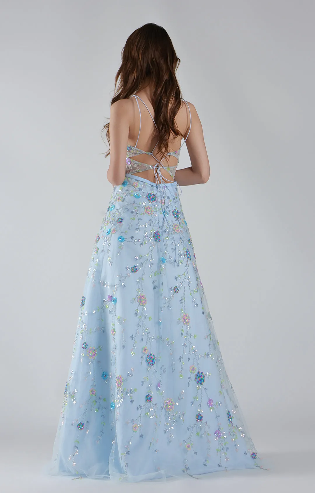 Lace-Up Straps Deep V-Neck Floral Sequin A-Line Dresses
