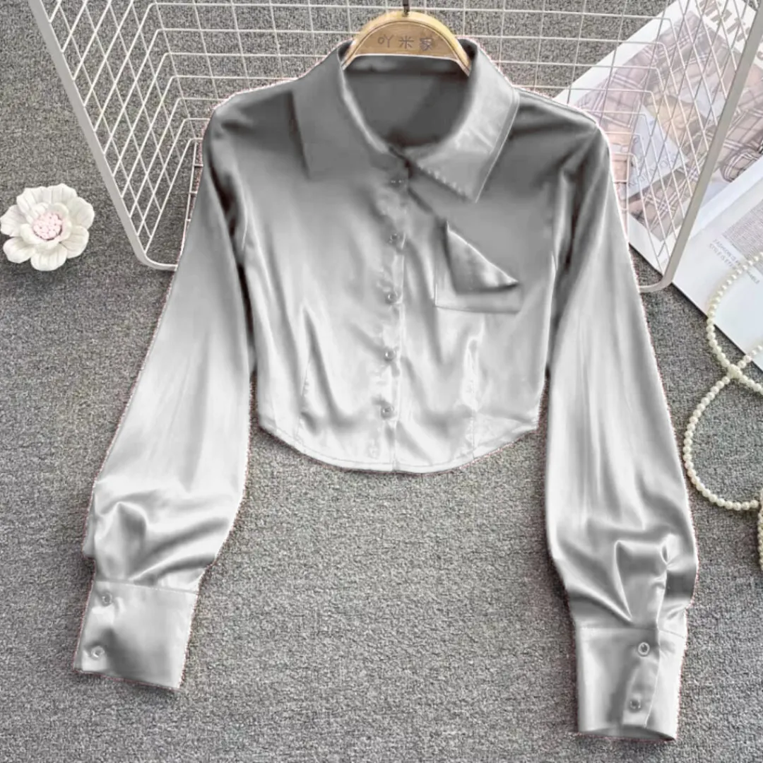 Lustrous Satin Cropped Blouse  Bold Red