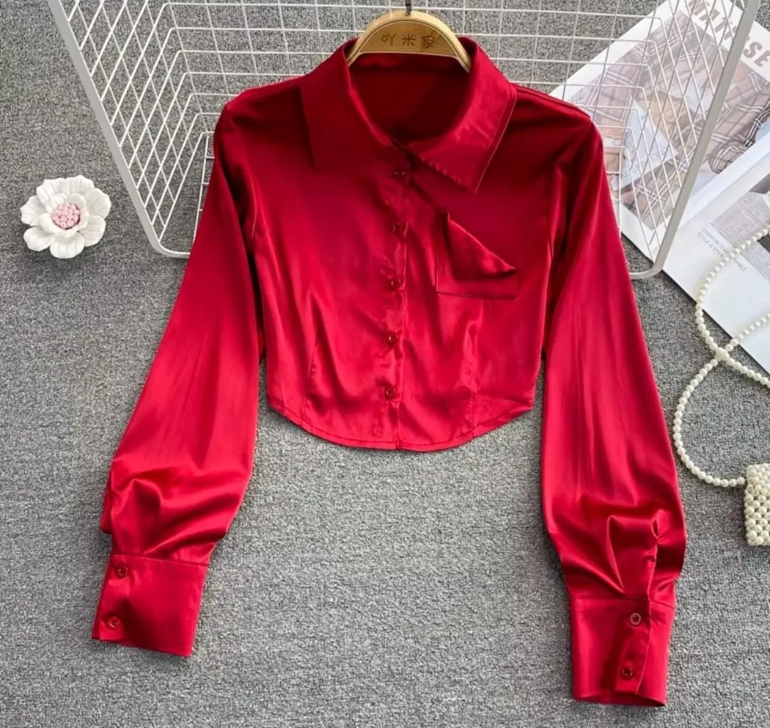Lustrous Satin Cropped Blouse  Bold Red