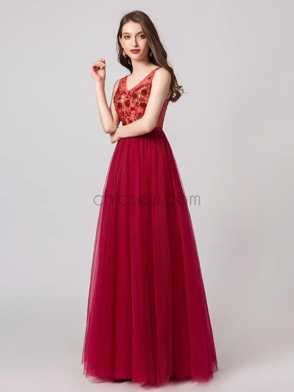 Red A-line Tulle V-neck Sleeveless Beaded Prom Dress, YKX075