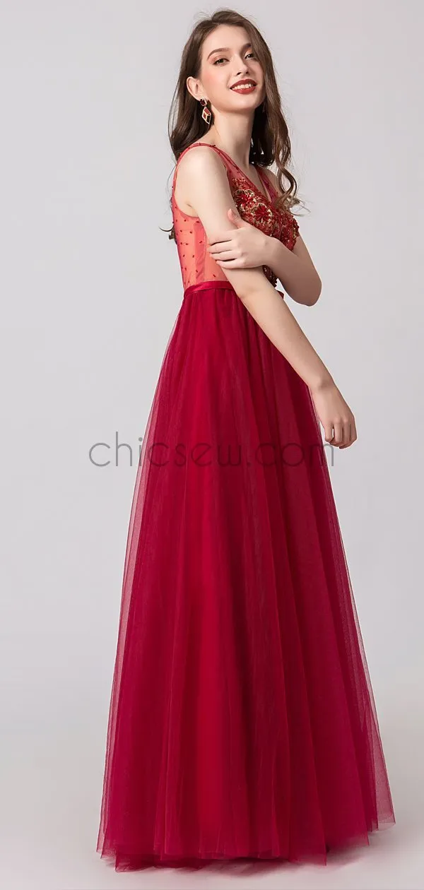 Red A-line Tulle V-neck Sleeveless Beaded Prom Dress, YKX075