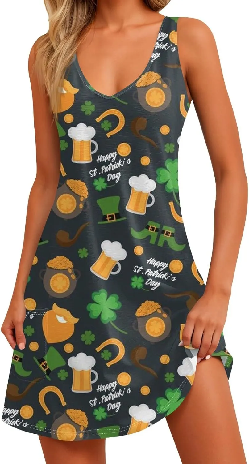 St. Patrick's Day A Line Sleeveless Dress Women Trendy Birthday Comfy Loose Scoop