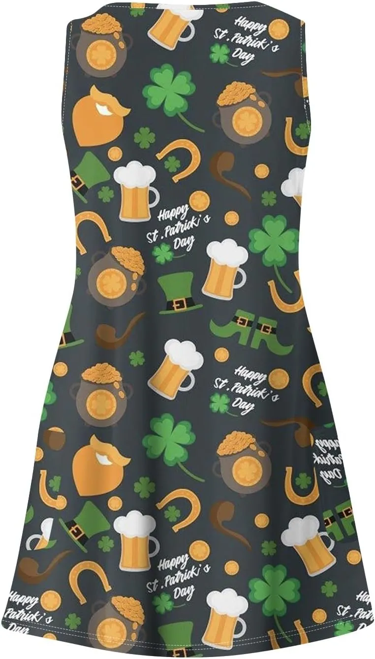 St. Patrick's Day A Line Sleeveless Dress Women Trendy Birthday Comfy Loose Scoop