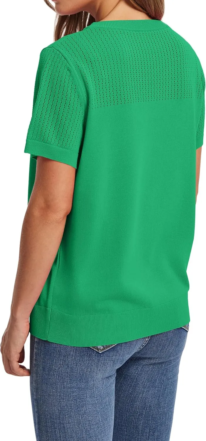 WIHOLL Womens Short Sleeve Sweater 2025 Spring Summer Tops Pointelle Knit Business Casual Outfits Work Blouses Clothes