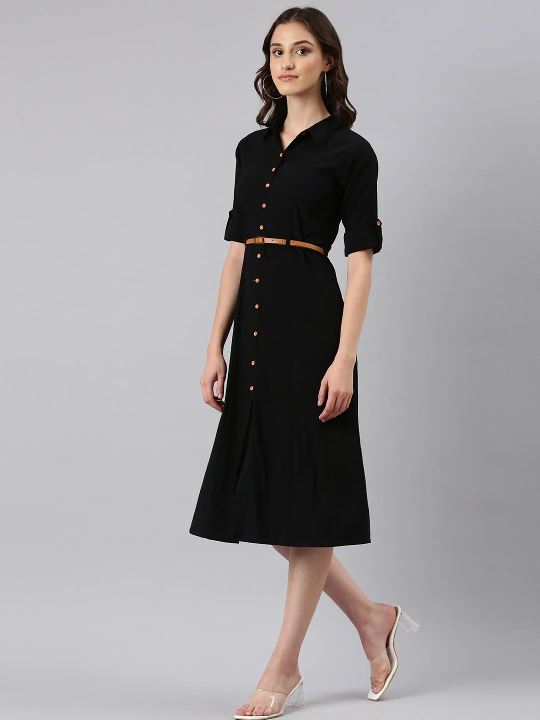 Women Black Short Sleeve Shirt Dress