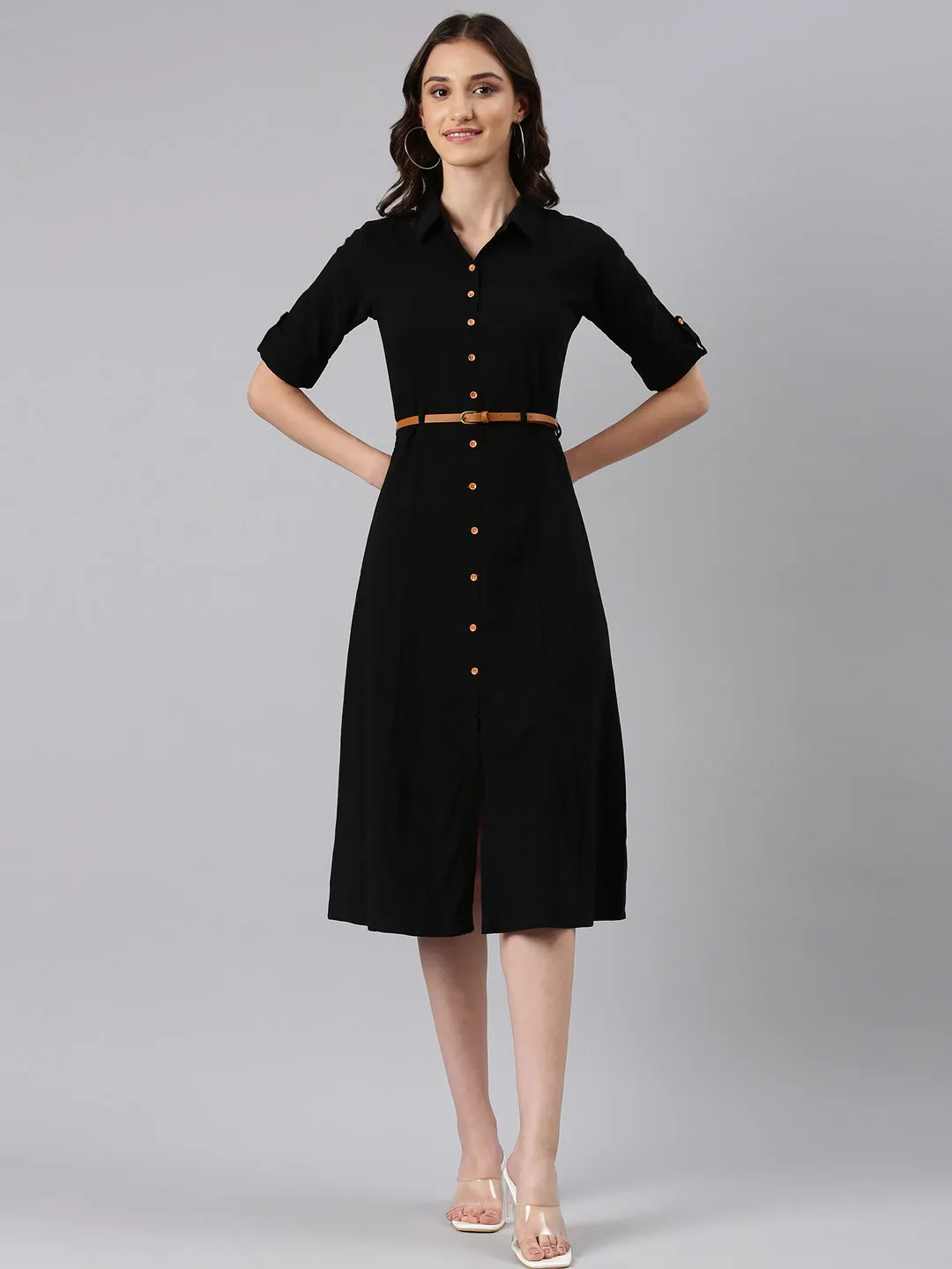 Women Black Short Sleeve Shirt Dress