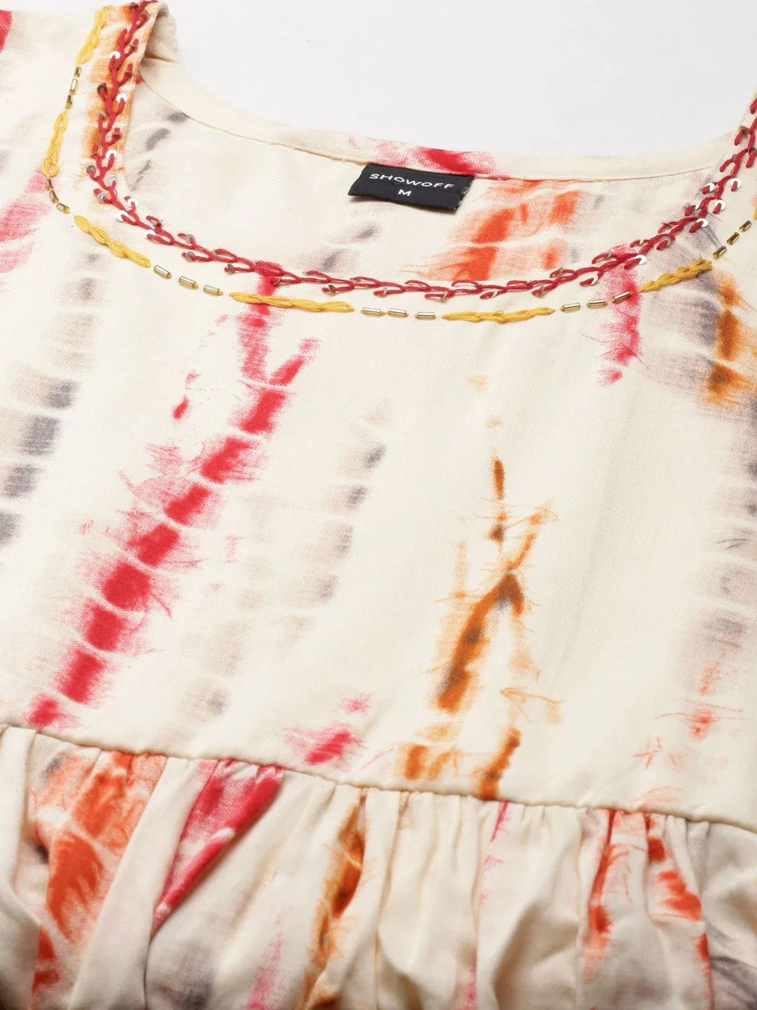 Women Cream Tie & Dye Embroidered Cotton Fit and Flare Kurti