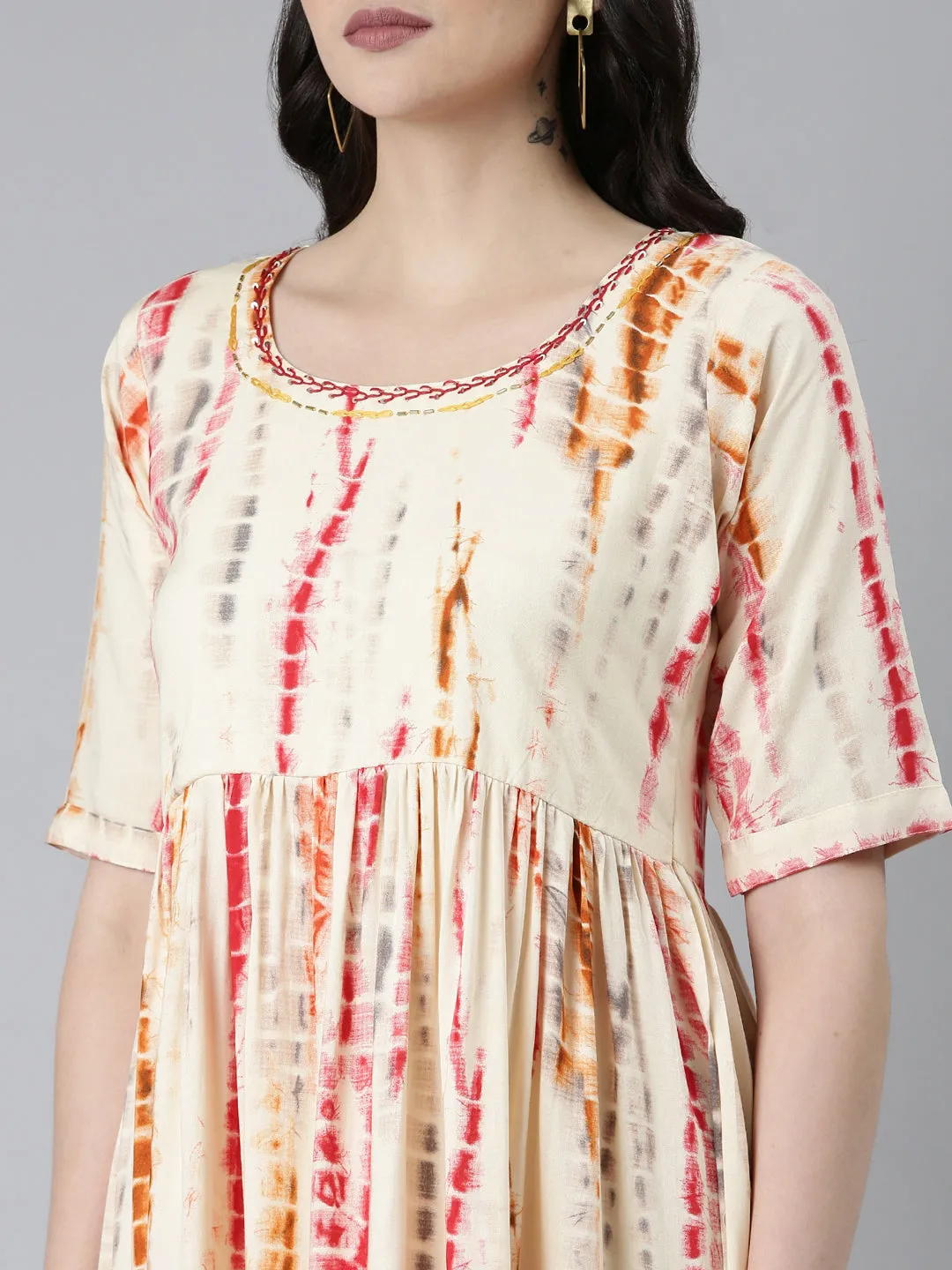 Women Cream Tie & Dye Embroidered Cotton Fit and Flare Kurti