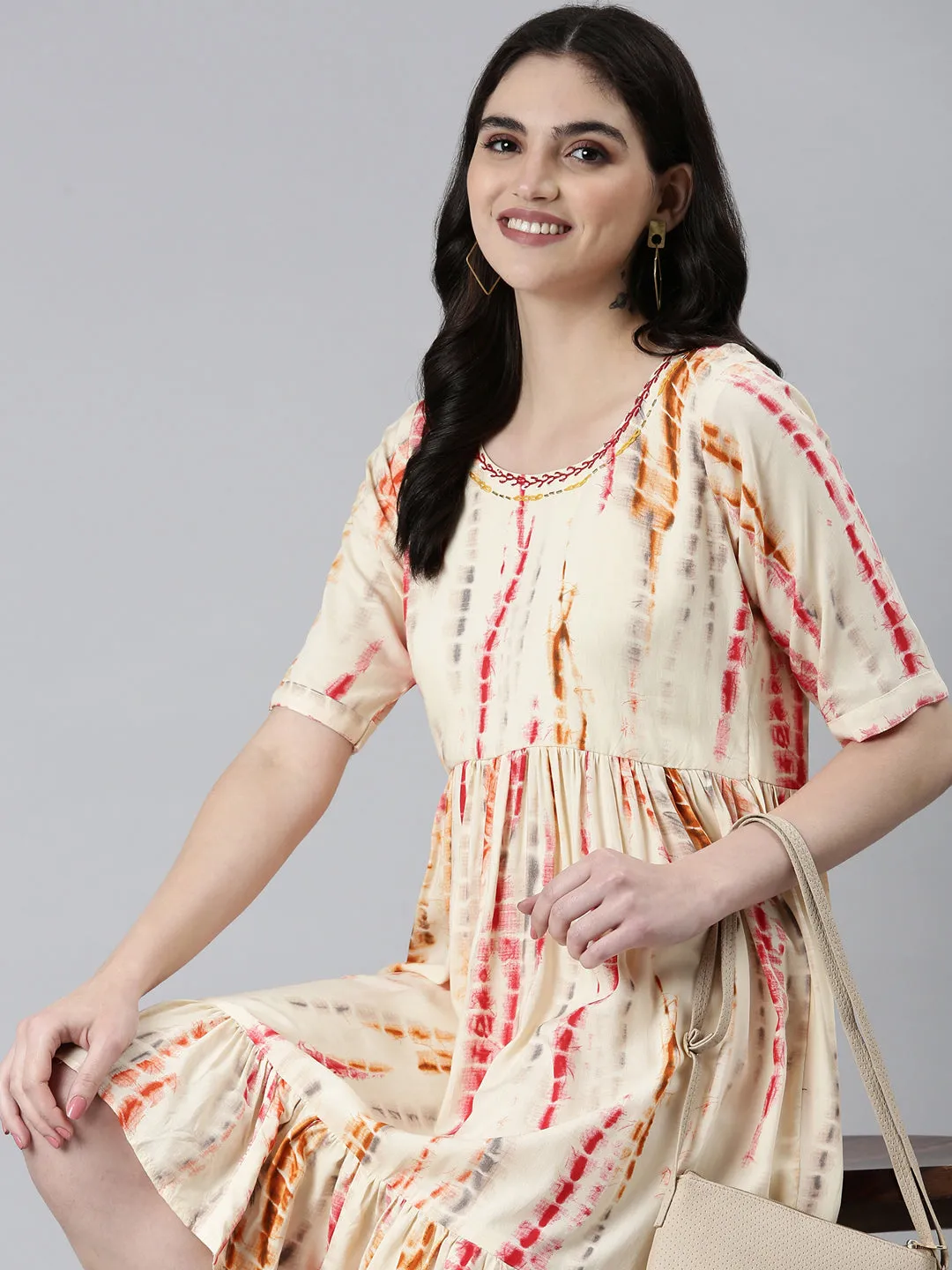 Women Cream Tie & Dye Embroidered Cotton Fit and Flare Kurti