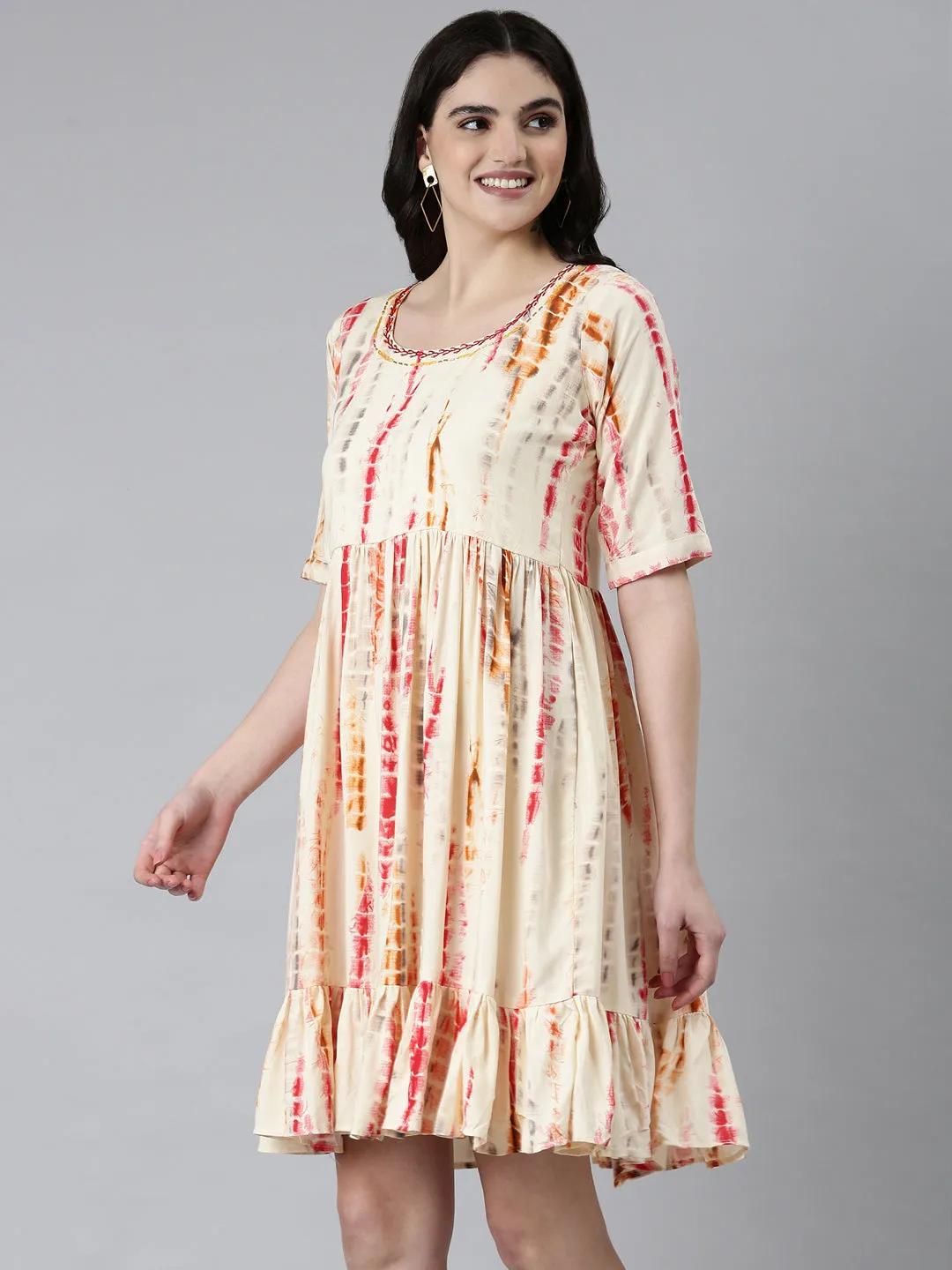 Women Cream Tie & Dye Embroidered Cotton Fit and Flare Kurti