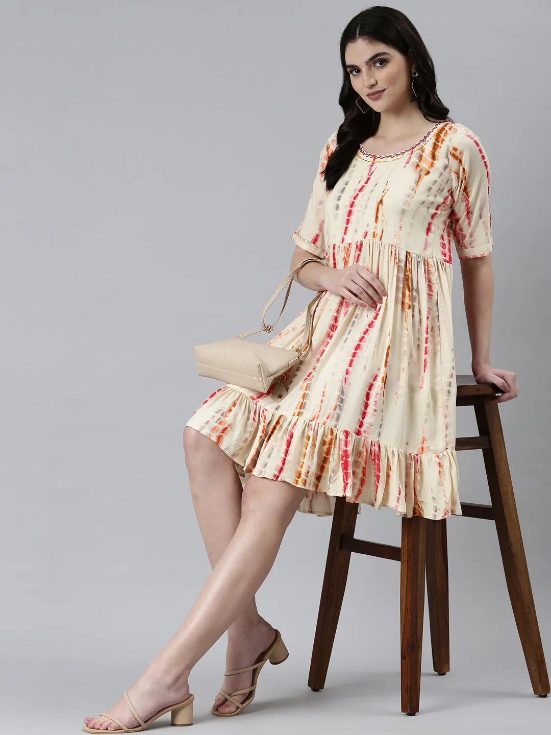 Women Cream Tie & Dye Embroidered Cotton Fit and Flare Kurti