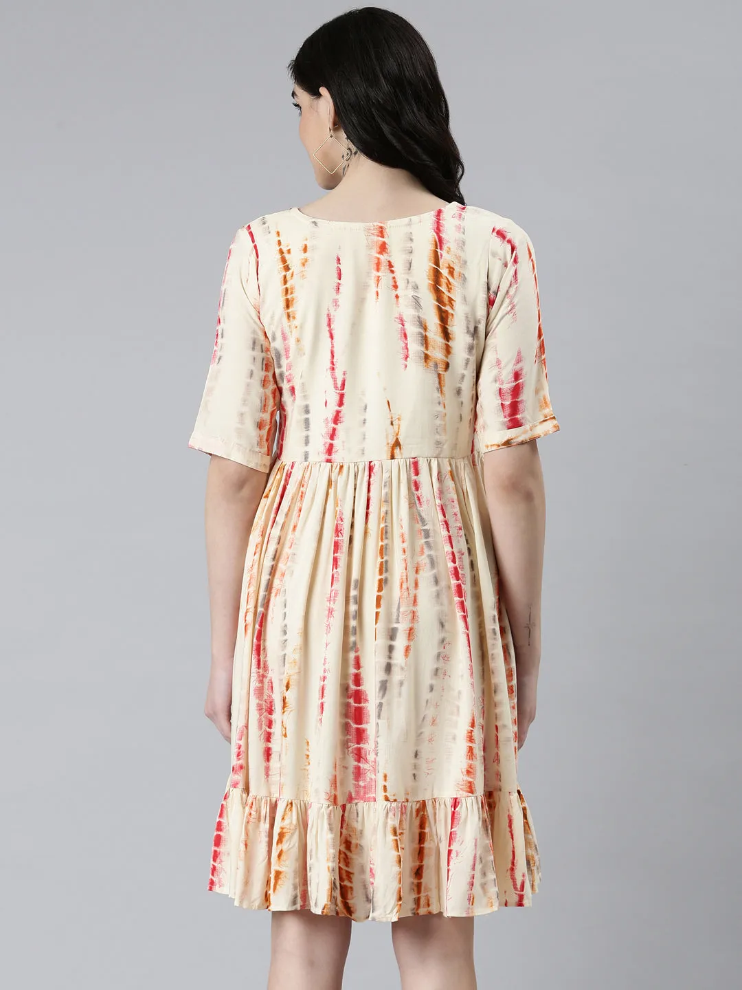 Women Cream Tie & Dye Embroidered Cotton Fit and Flare Kurti