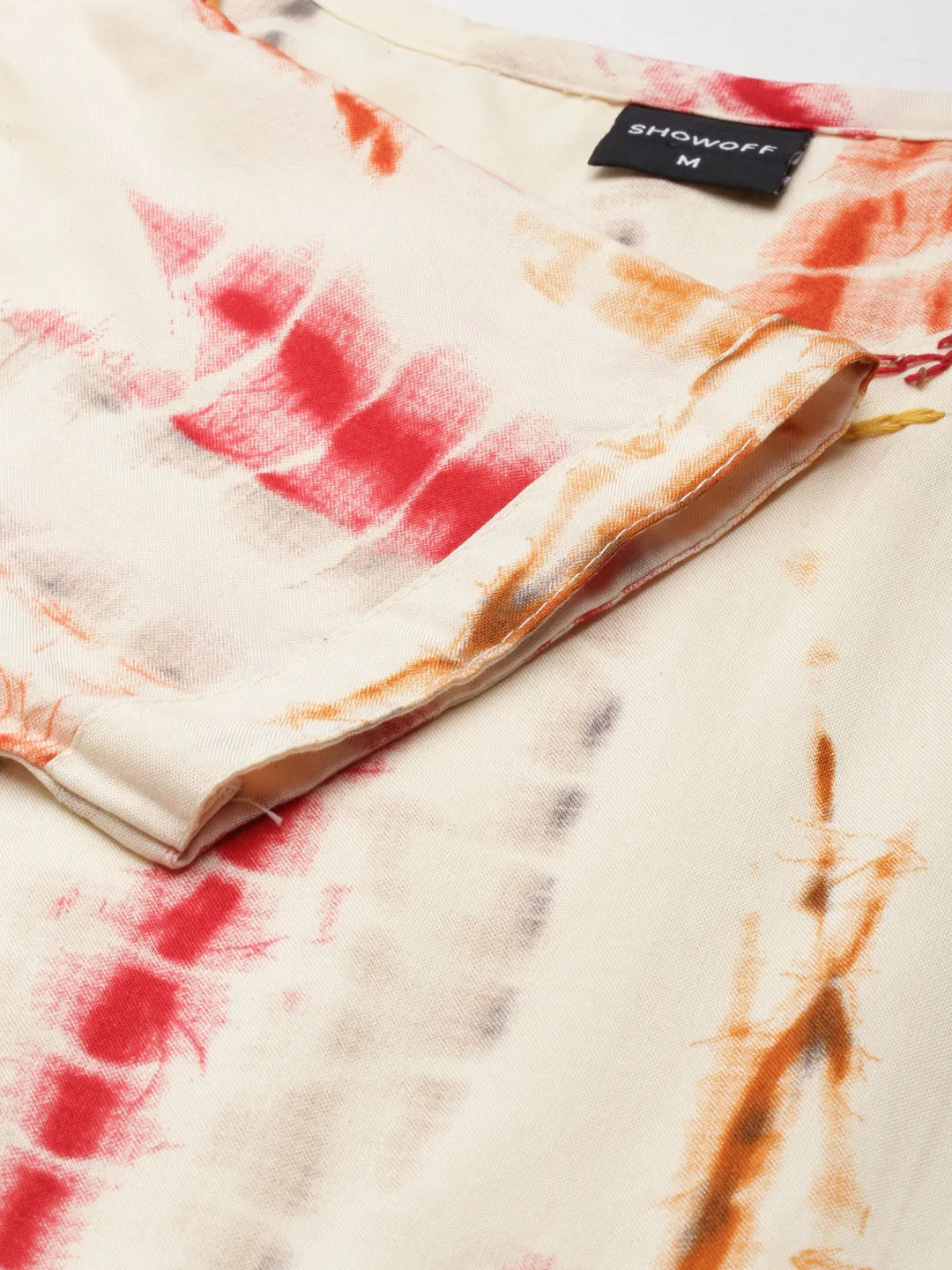 Women Cream Tie & Dye Embroidered Cotton Fit and Flare Kurti