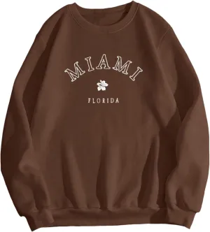 Women Miami Letter Graphic Print Oversized Sweatshirt Fleece Crewneck Long Sleeve Drop Shoulder Pullover Fall Clothes