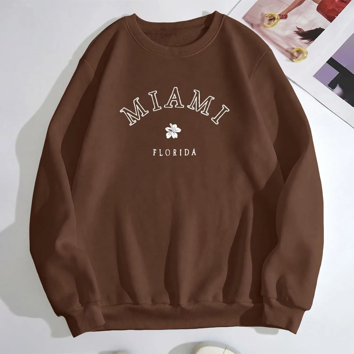 Women Miami Letter Graphic Print Oversized Sweatshirt Fleece Crewneck Long Sleeve Drop Shoulder Pullover Fall Clothes